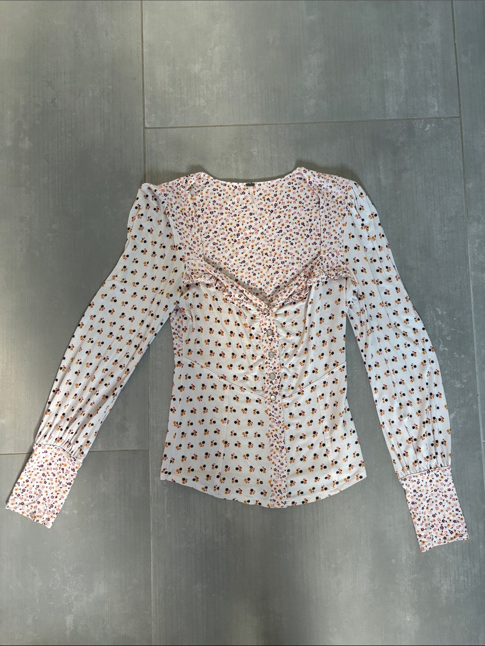 Free People White Floral Ruffle-Front Long Sleeve Top
